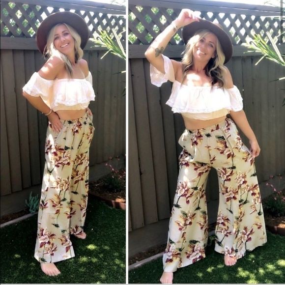 Khaki printed Crepe WIDE Bell Bottoms - Picture 1 of 7